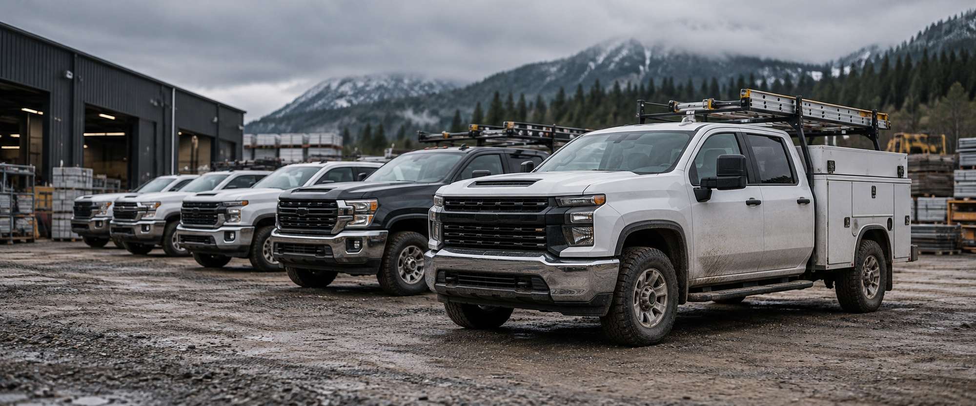 Row of commercial light trucks parked at a fleet yard
